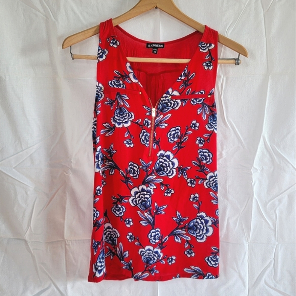Express Red Floral Tank Top with Zip Detail, Size XS